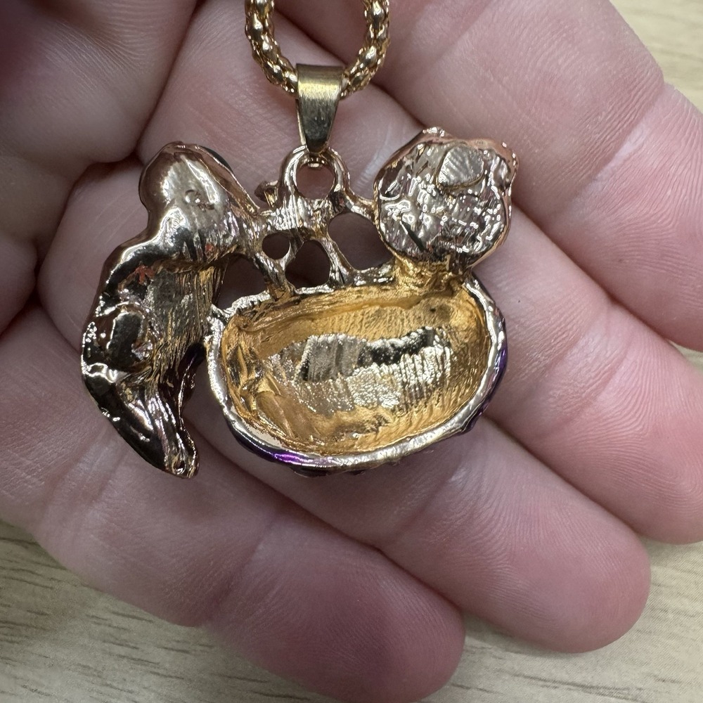 Betsey Johnson Pumpkin Brooch Pendant Necklace Purple Green Fall - Picture 5 of 7